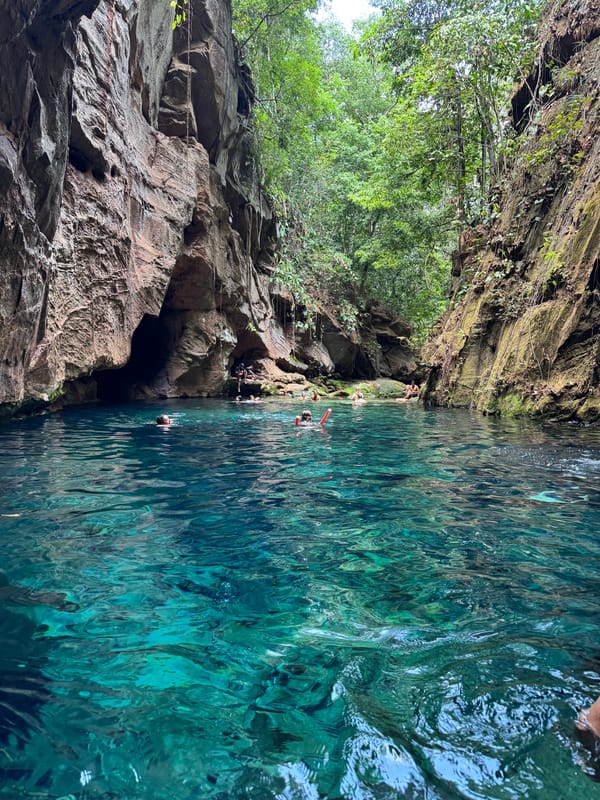 Poço de água turquesa transparente num cânion de paredões de pedra e mata