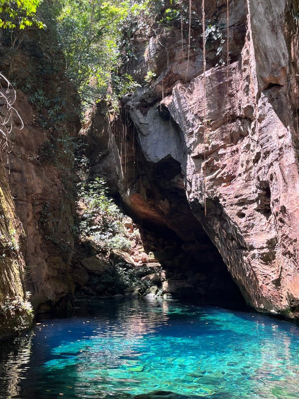 Poço azul-turquesa ao pé de um paredão rosado, entre a mata