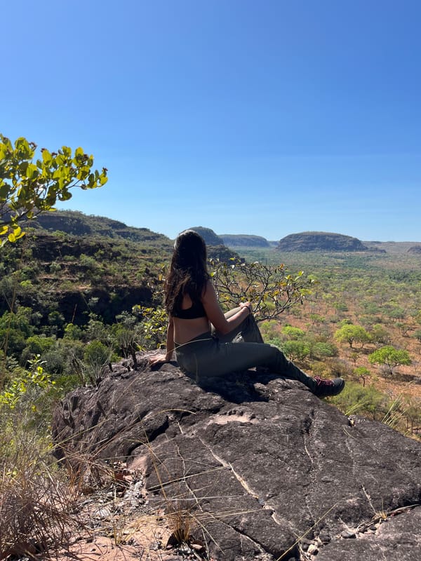 Mulher sentada numa pedra no alto da serra, com o cerrado e as mesas atrás