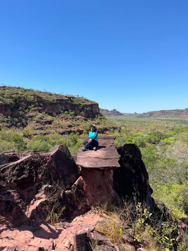 Pessoa no alto de uma pedra em forma de cogumelo, sobre o vale do cerrado