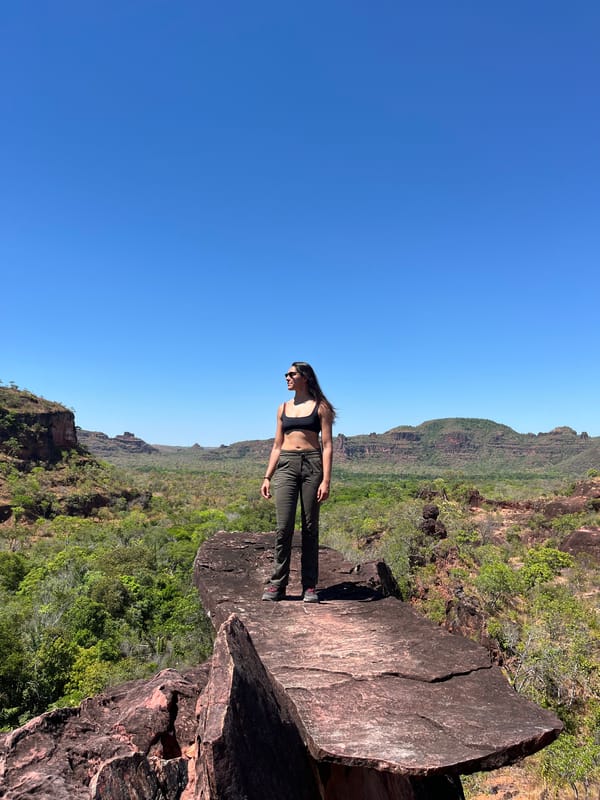 Mulher de pé no alto de uma pedra em forma de cogumelo, com a serra e o cerrado em volta
